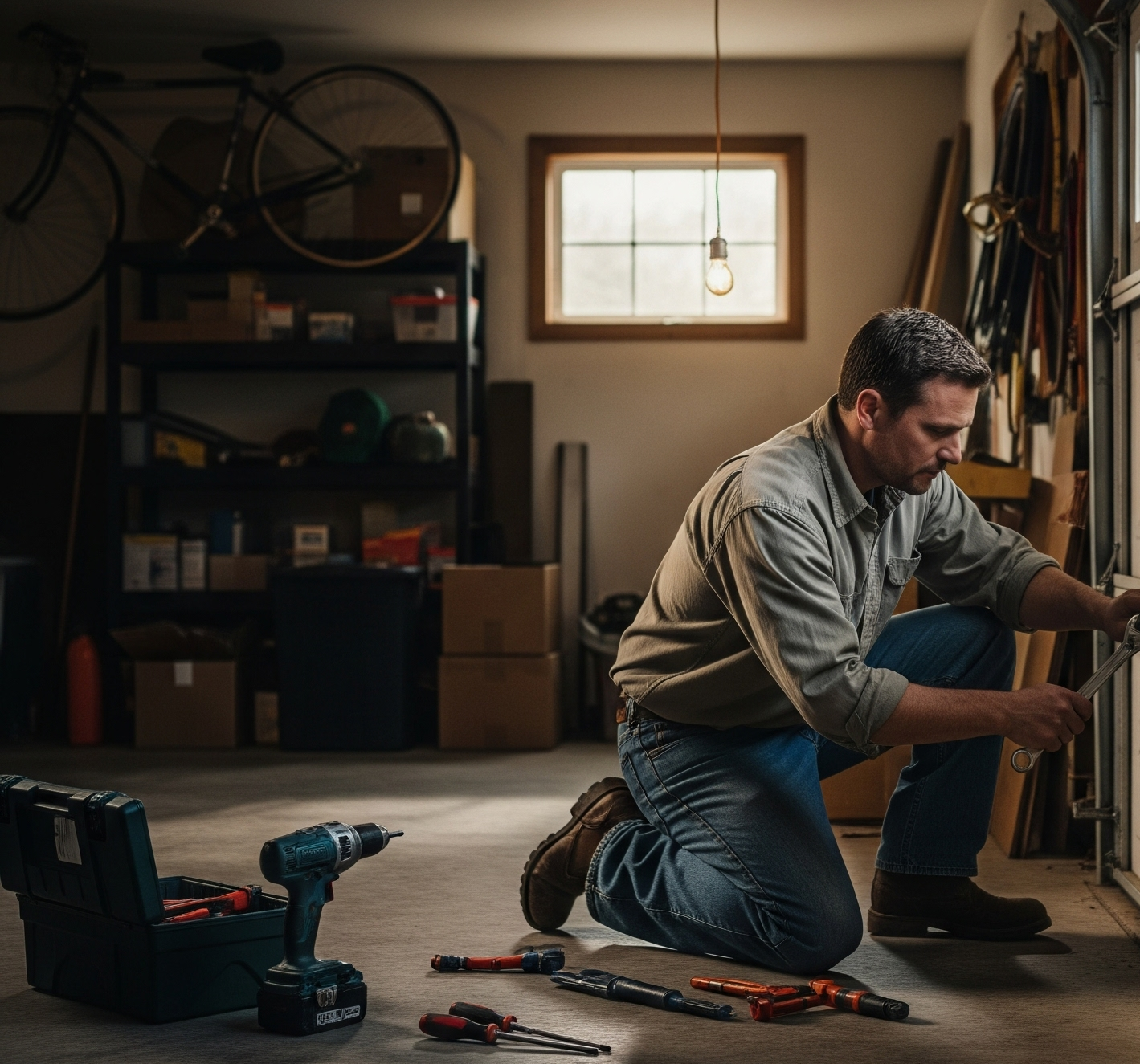 Professional garage door technician at work